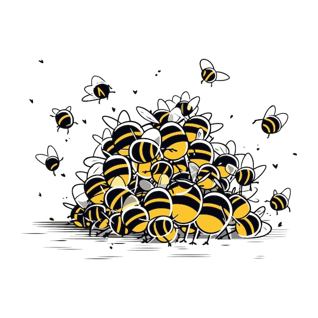 Vector illustration of a group of bees flying on a white background