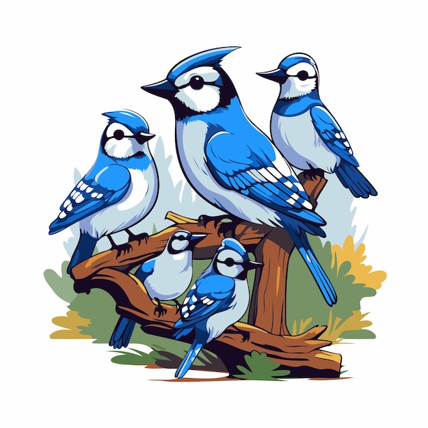 Vettore illustrazione vettoriale di un gruppo di uccellini blu seduti su un ramo