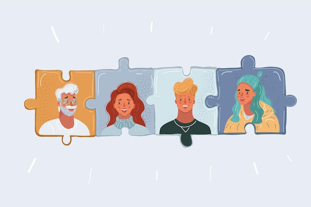 Vector illustration of Group of business people assembling jigsaw puzzle and represent team work support and help concept