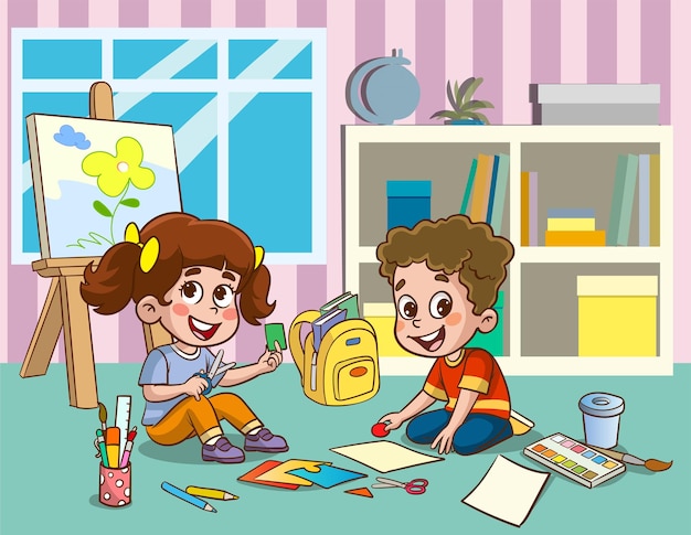 Illustrazione vettoriale di un gruppo di bambini piccoli e carini che tagliano carta per l'arte con un amico