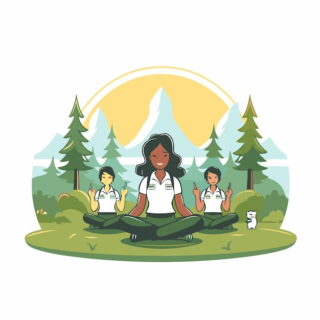 Vector vector illustration of a group of people meditating in lotus position in nature