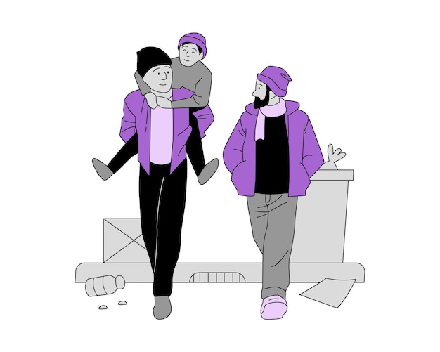 Vector vector illustration of a group of people in winter clothes on a walk