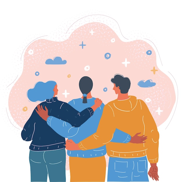 Vector illustration of group of three happy friends boys and girls hugging each other
