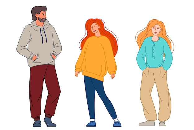 Vector vector illustration of group of young people in casual clothes