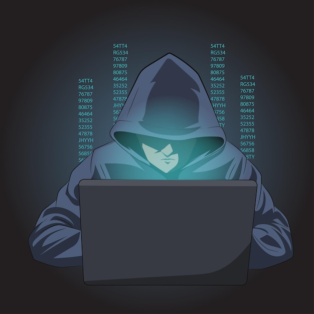 Vector illustration of a hacker man in a dark hood sitting at a laptop