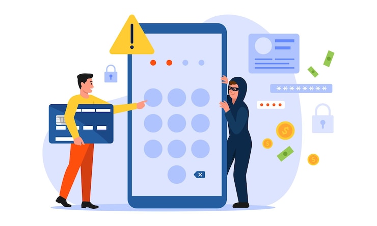Vector ハッカーのベクトルイラスト 銀行口座を盗もうとする男が白い背景で被害者を追いかける漫画のシーン
