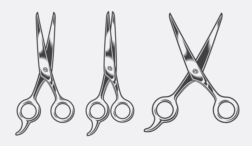  Vector illustration of hairdressing scissors in three positions on a white background