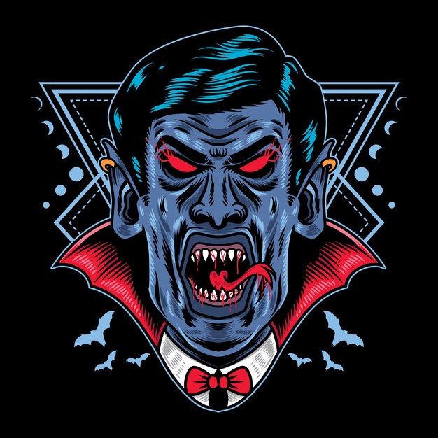 Illustrazione vettoriale halloween dracula vampiro con stile vintage retrò dei cartoni animati in sfondo nero