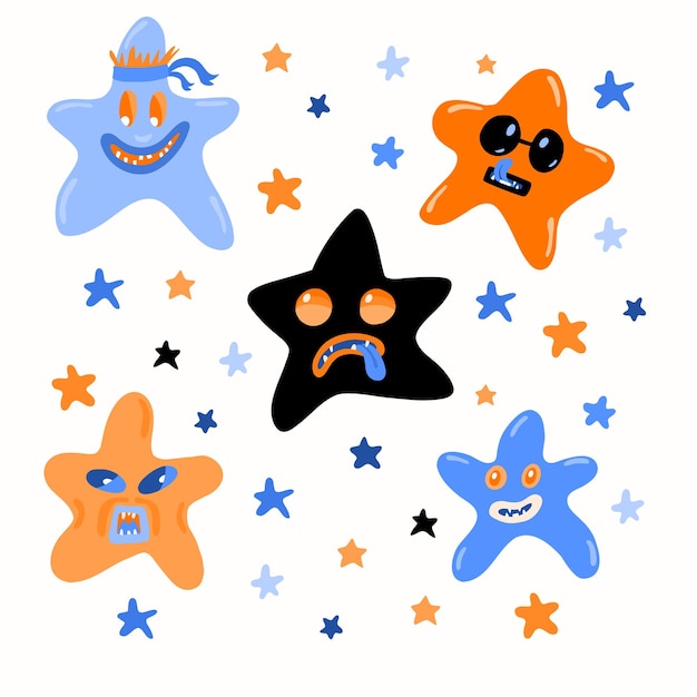 Vector illustration halloween party set with scary smiling and angry blue and orange star faces.