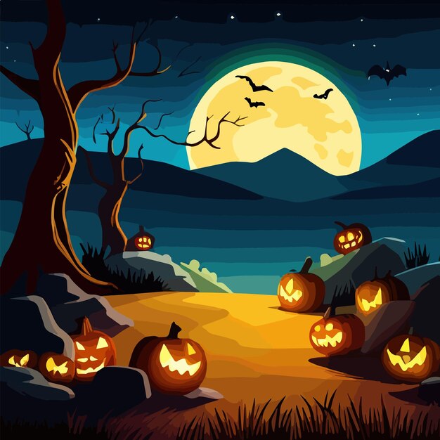 Vettore illustrazione vettoriale zucca di halloween sfondo notte spettrale con nuvole di luna piena pipistrelli alberi nudi