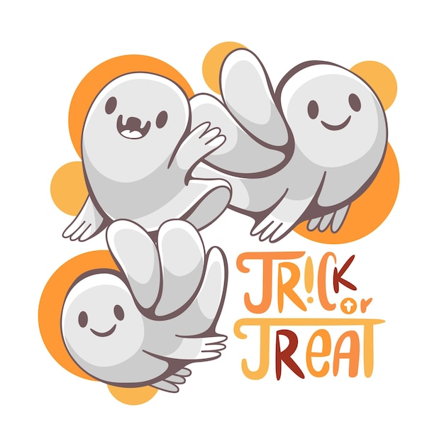 Vector vector illustration on halloween theme with cute ghosts and lettering