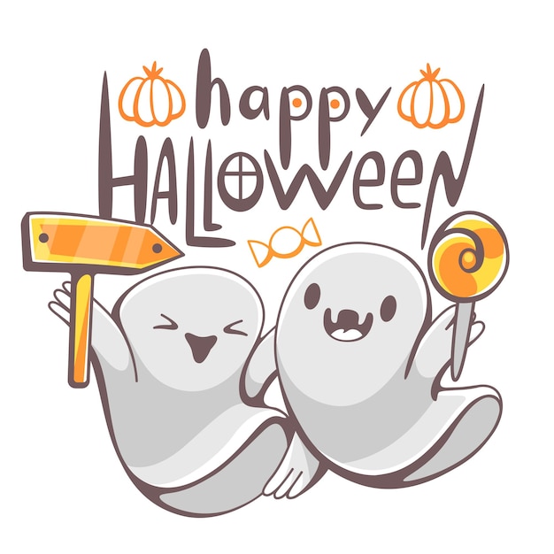 Vector vector illustration on halloween theme with cute ghosts and lettering