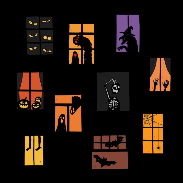 Vettore illustrazione vettoriale del set di silhouette di windows di halloween molto facile da modificarex9