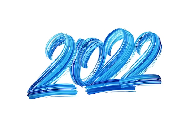 Vector illustration: Hand drawn brush stroke blue paint lettering of 2022. Happy New Year.