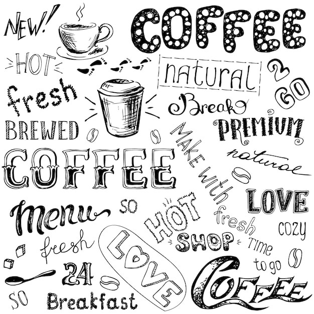 Vector illustration hand drawn coffee to go cups mugs beans and lettering types Black and white