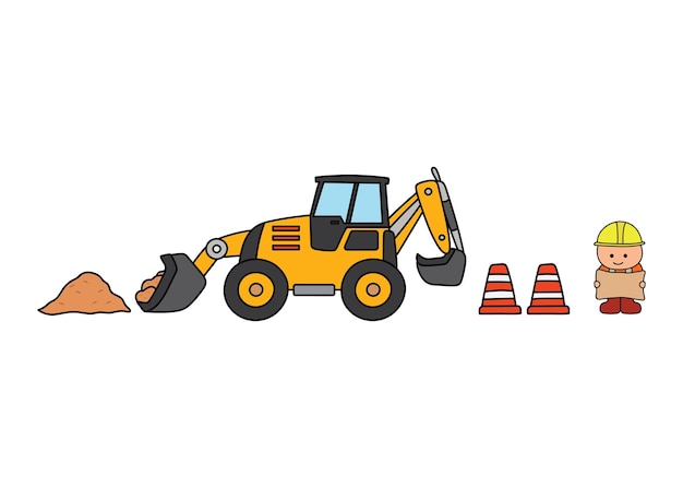 vector illustration Hand drawn color children construction backhoe and construction worker