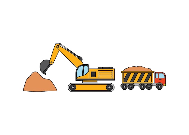 Vector vector illustration hand drawn color children construction vehicle excavator and dump truck