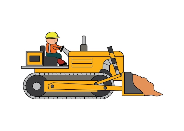 Illustrazione vettoriale operaio edile per bambini a colori disegnati a mano che guida un bulldozer