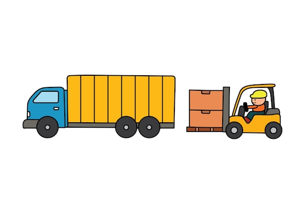 Vector illustration of hand drawn color children container truck and forklift machine