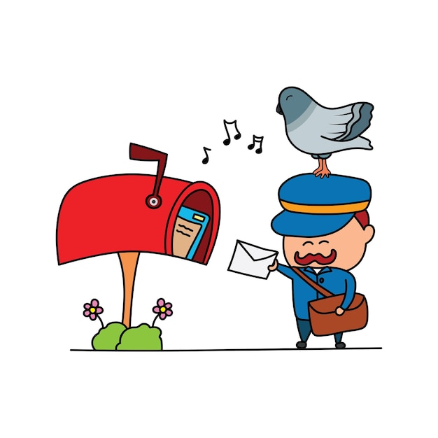 Vector illustration of hand drawn color children cute mailman with pigeon