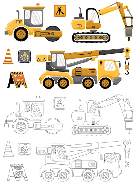 Vector vector illustration of hand drawn construction vehicles with construction signs coloring book or page