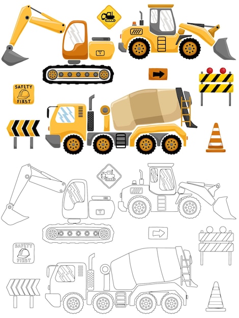 Vector illustration of hand drawn construction vehicles with construction signs coloring book or page