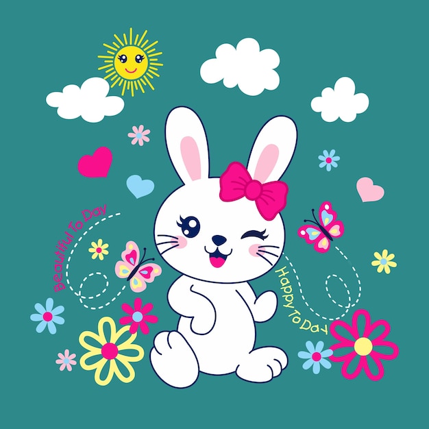 Vector illustration of hand drawn cute bunny and flowers