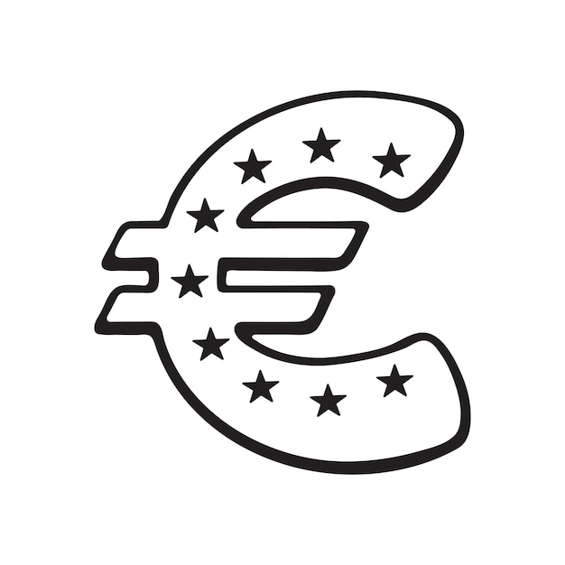 Vettore illustrazione vettoriale scarabocchio disegnato a mano del simbolo dell'euro con le stelle il simbolo delle valute mondiali