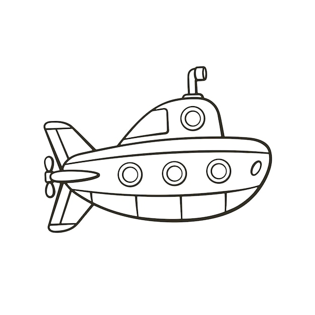 Векторная иллюстрация рисованной каракули подводной лодки с перископом и иллюминаторами