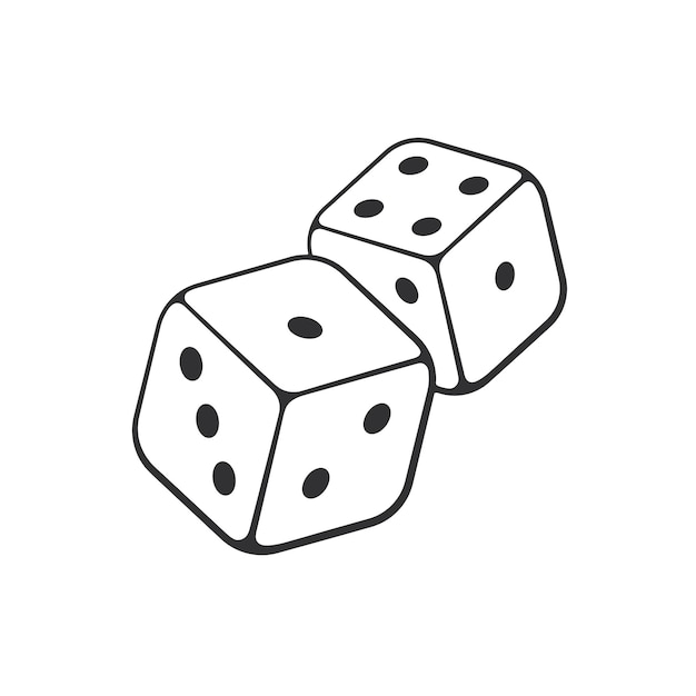 Vettore illustrazione vettoriale scarabocchio disegnato a mano di due dadi bianchi con contorno simbolo del gioco d'azzardo