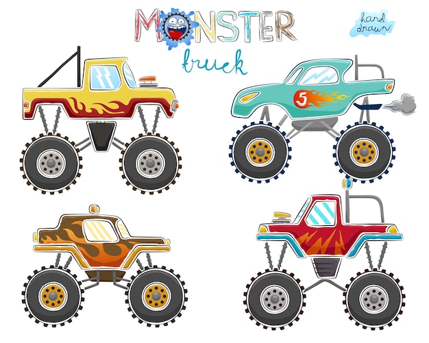 Illustrazione vettoriale del cartone animato monster truck disegnato a mano