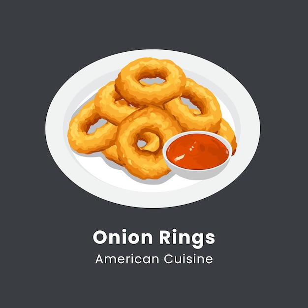 Vector vector illustration hand drawn onion rings on plate with sauce