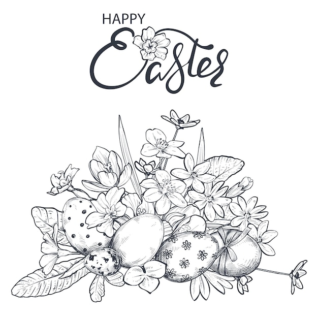 Illustrazione vettoriale di uova decorate disegnate a mano e fiori primaverili. schizzo realistico illustrazione di pasqua nei colori bianco e nero e testo con scritte a mano