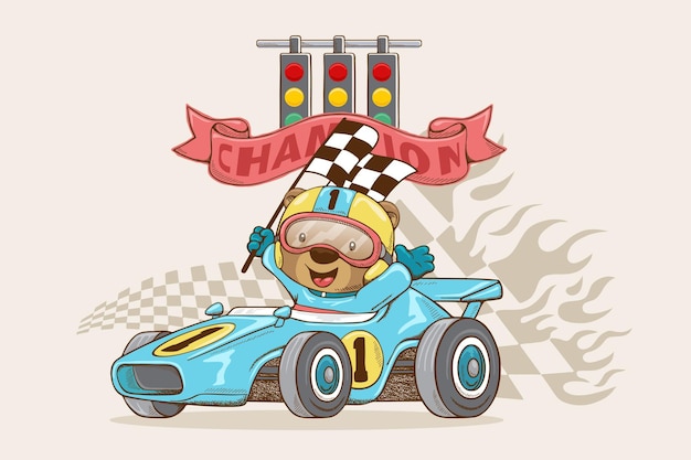 Vector vector illustration in hand drawn style cute bear in racer costume on racing car holding finish flag race car elements