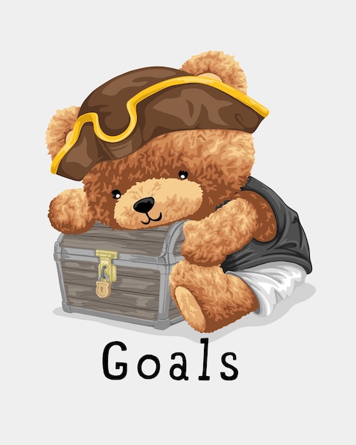 Vector illustration of hand drawn teddy bear in pirate costume with treasure chest