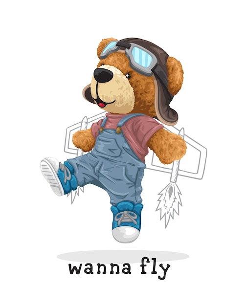 Vector illustration of hand drawn teddy bear wearing pilot helmet and goggles with airplane wing