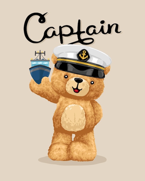 Vector illustration of hand drawn teddy bear wearing sailor hat holding boat toy