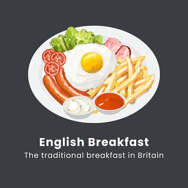 Вектор Векторная иллюстрация, нарисованная вручную традиционный полный английский завтрак