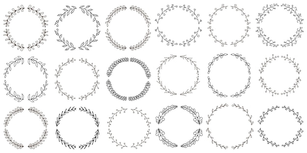 Vector illustration of hand drawn wreaths. Cute doodle floral wreath frame  set. Stock Vector