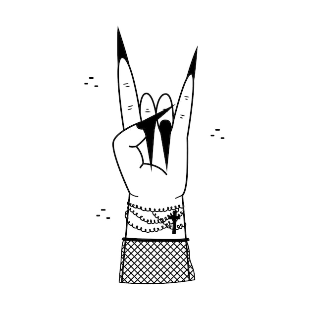 Vector illustration of hand gestures - rock on, heavy metal sign. Outline woman hand.