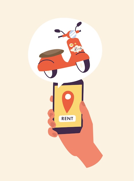 vector illustration hand holding mobile phone with open scooter rental app concept mobile transportation sharing city