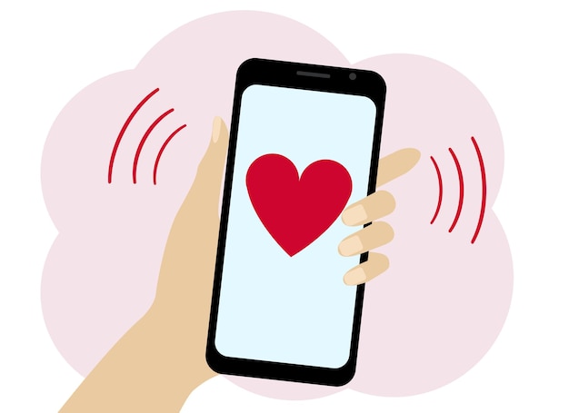 Vector illustration of a hand holding a mobile phone with a red heart image.