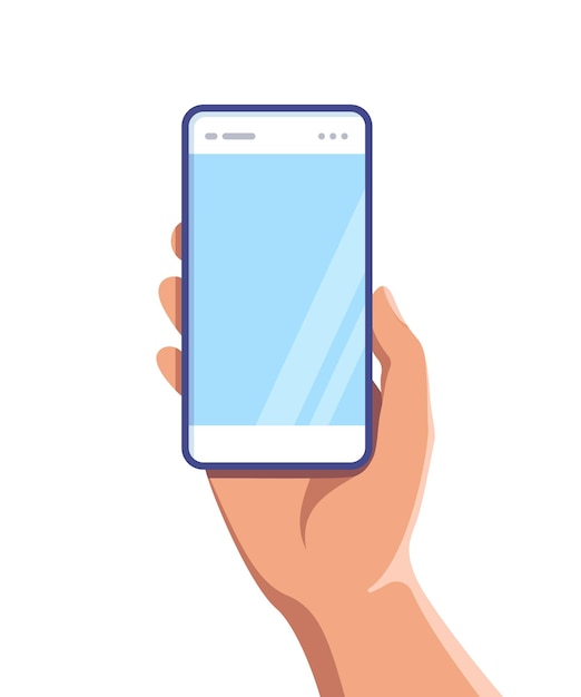 Vector illustration of hand holding mobile smart phone with blank screen isolated onwhite background