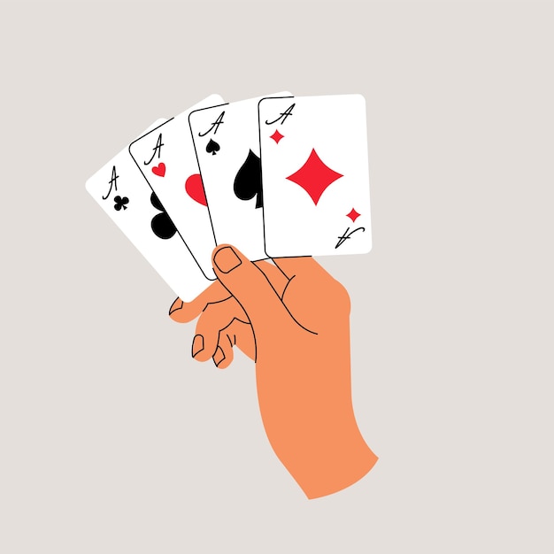 Illustrazione vettoriale mano che tiene le carte da gioco concetto di doodle per il casinò