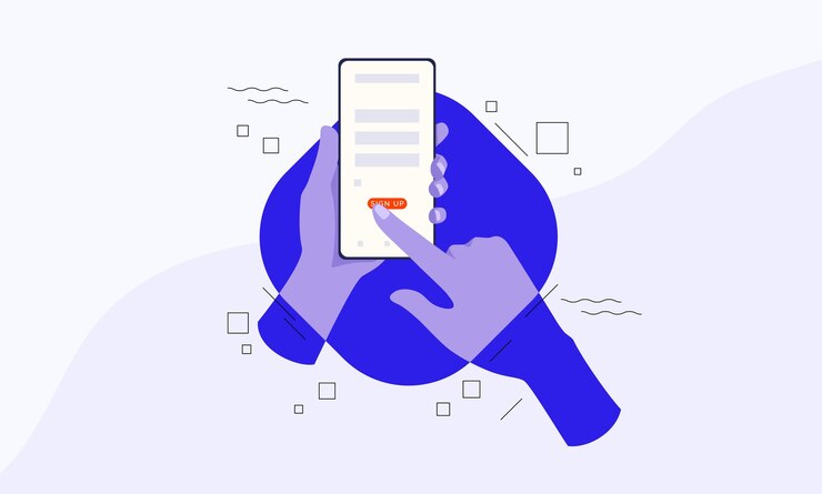 Vector vector illustration hand holding a smartphone clicking on the smartphone screen