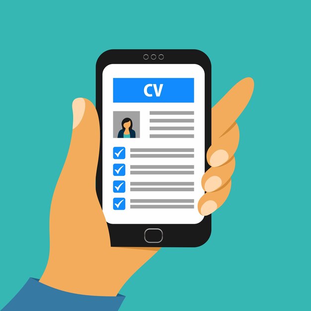 화면에 CV 응용 프로그램 종이 시트와 함께 스마트 폰을 들고 벡터 일러스트 레이 션 손