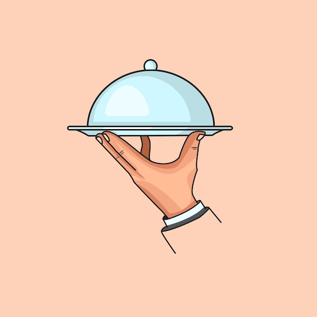 Vector vector illustration of hand holding try food with lid waiter restaurant logo cartoon