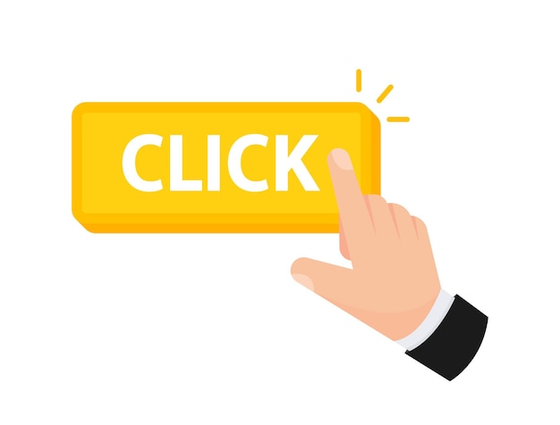 Vector illustration of a hand pointing to a vibrant yellow Click button signifying a call to action