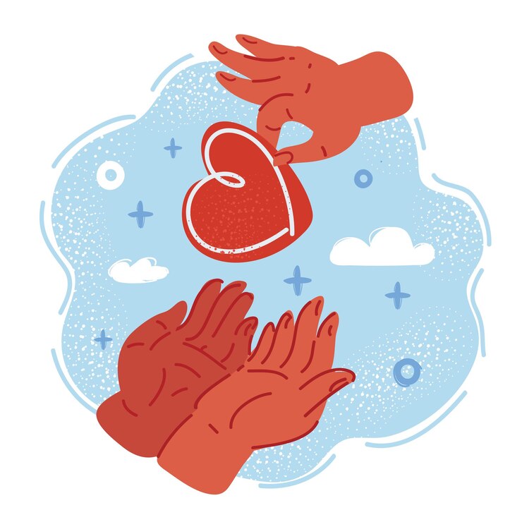 Vector vector illustration of hand put heart icon at another persons hands give love or like concept