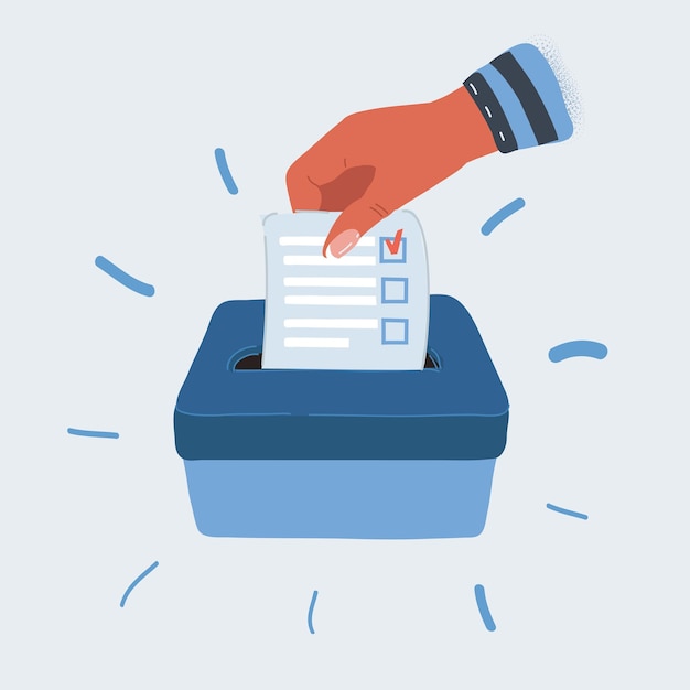 Vector illustration of hand putting a voting ballot in a slot of box